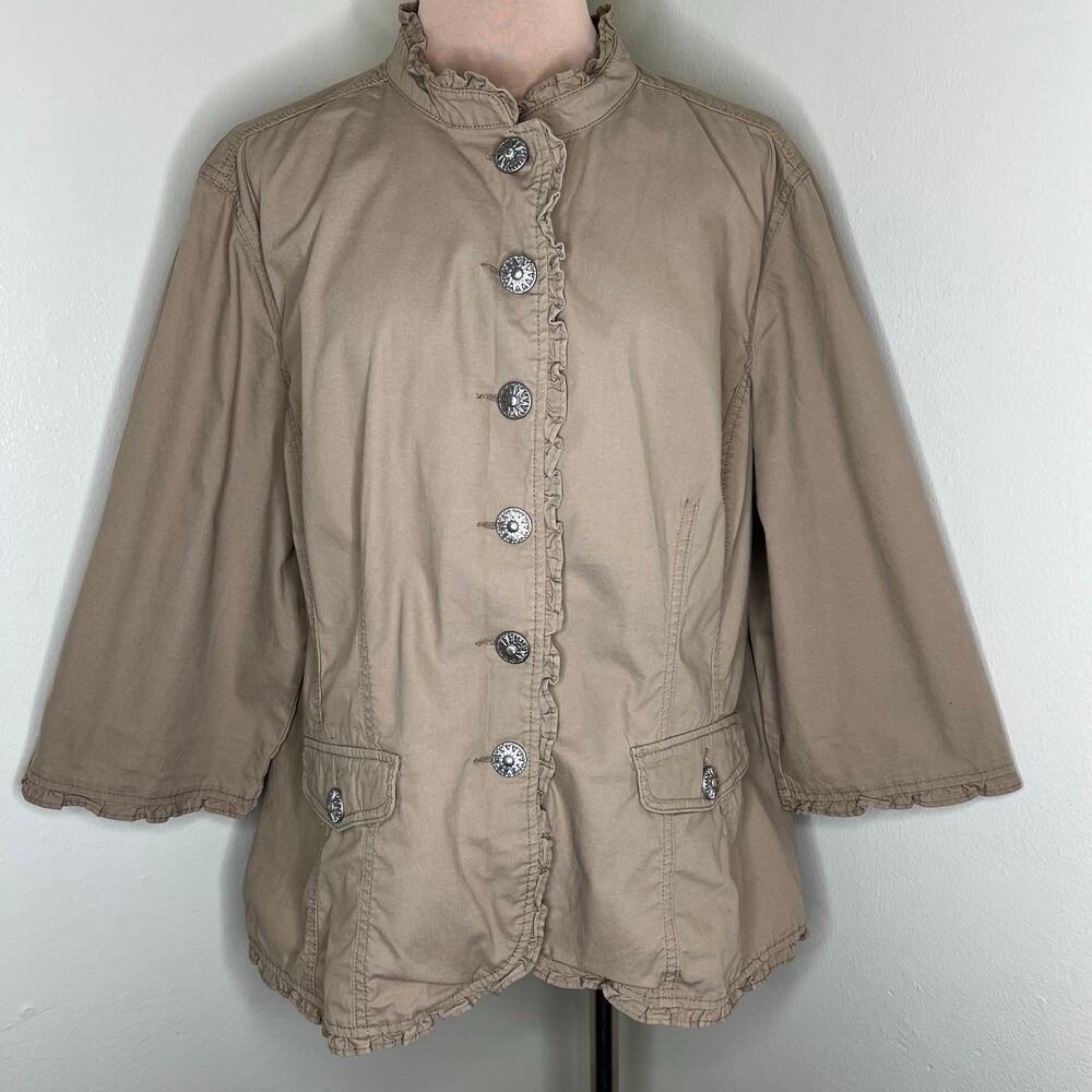 Christiana Zinn Jacket 2X Plus Womens Khaki Tan Ruffle Trim 3/4 Sleeve Button Up